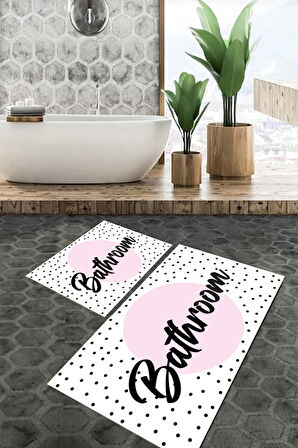 Pembe Beyaz Banyo Paspası, Bathroom Yazılı Paspas, Kaymaz Taban Banyo Paspası, Yazılı Klozet Takımı, Klozet Takımı, Yıkanabilir Klozet Takımı, Dekoratif Banyo Paspası