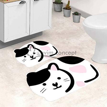 Beyaz Renk Kedi Desen Banyo Paspası, Sevimli Kedi Paspas, Kaymaz Taban Banyo Paspası, Klozet Takımı, Yıkanabilir Klozet Takımı, Dekoratif Banyo Paspası,