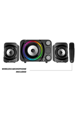 ECCO7 BTU Rgb Led Işıklı 2+1 Ses Sistemi Bluetooth Hoparlör Fm Radyolu Karaoke Mikrofonlu Speaker TV PC Bilgisayar Uyumlu 50W 2.1 Kanal Hafıza Kartı ve Usb Girişli Subwoofer