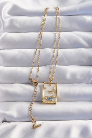 316L Çelik Zincir Gold Renk Ay Detay Mavi Zirkon Taşlı Tarot Kolye 5886