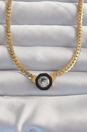 316L Çelik Gold Renk Ezme Zincir Zirkon Taşlı Mineli Serenay Kolyesi 5886