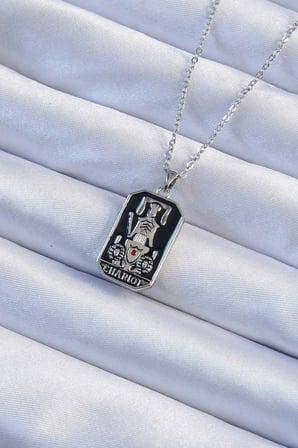 316L Çelik Zincir Gümüş Renk Siyah Mineli Tarot Kolye 5886