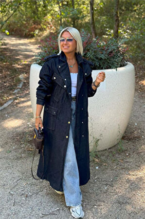 Lacivert Denim Çıtçıtlı Cepli Uzun Trençkot