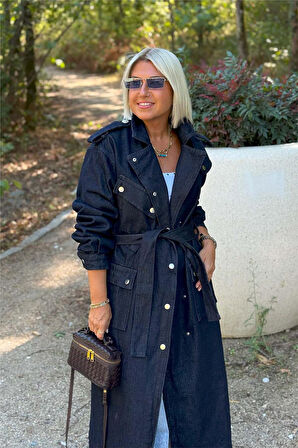 Lacivert Denim Çıtçıtlı Cepli Uzun Trençkot