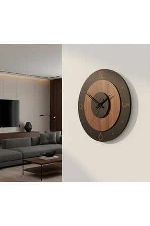 ECLİPSE MODEL MODERN DEKORATİF DUVAR SAATİ 45 CM (SİYAH-CEVİZ) SESSİZ AKAR MEKANİZMA