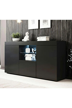 Konsol Led Aydınlatmalı Şık Büfe Katlanabilir Cam Raflı Modern Ve Zarif Konsol Siyah Mat Elegant