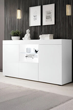 Konsol Led Aydınlatmalı Şık Büfe Katlanabilir Cam Raflı Modern Ve Zarif Konsol Beyaz Mat Elegant