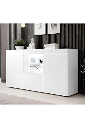 Konsol Led Aydınlatmalı Şık Büfe Katlanabilir Cam Raflı Modern Ve Zarif Konsol Beyaz Mat Elegant