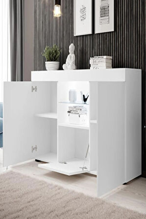 Konsol Led Aydınlatmalı Şık Büfe Katlanabilir Cam Raflı Modern Ve Zarif Konsol Beyaz Mat Elegant