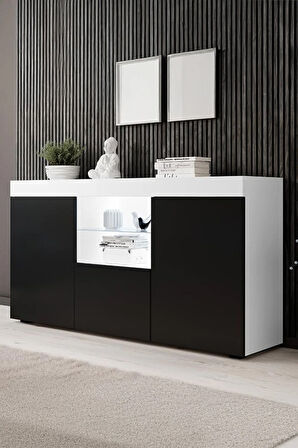 Konsol Led Aydınlatmalı Şık Büfe Cam Raflı Modern Ve Zarif Konsol Beyaz Siyah Elegant