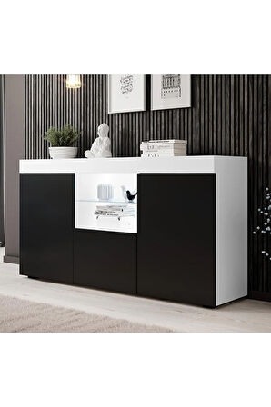 Konsol Led Aydınlatmalı Şık Büfe Cam Raflı Modern Ve Zarif Konsol Beyaz Siyah Elegant