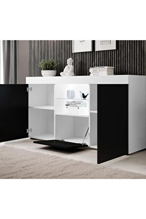 Konsol Led Aydınlatmalı Şık Büfe Cam Raflı Modern Ve Zarif Konsol Beyaz Siyah Elegant