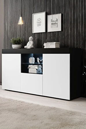 Konsol Led Aydınlatmalı Şık Büfe Cam Raflı Modern Ve Zarif Konsol Siyah Beyaz Elegant