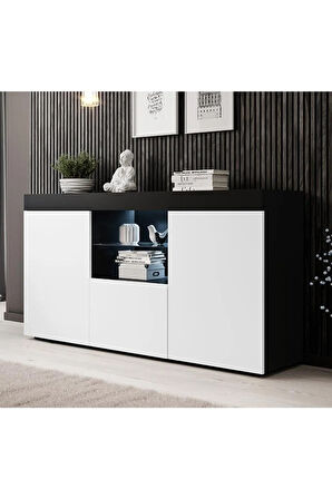 Konsol Led Aydınlatmalı Şık Büfe Cam Raflı Modern Ve Zarif Konsol Siyah Beyaz Elegant