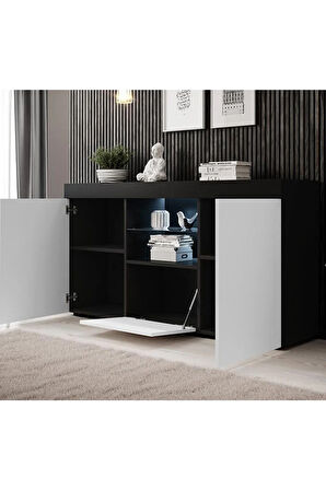 Konsol Led Aydınlatmalı Şık Büfe Cam Raflı Modern Ve Zarif Konsol Siyah Beyaz Elegant