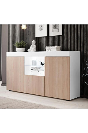 Konsol Led Aydınlatmalı Şık Büfe Cam Raflı Modern Ve Zarif Konsol Beyaz Sonoma Elegant