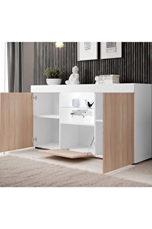 Konsol Led Aydınlatmalı Şık Büfe Cam Raflı Modern Ve Zarif Konsol Beyaz Sonoma Elegant