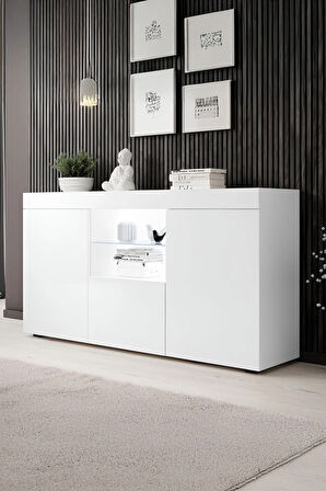 Konsol Led Aydınlatmalı Şık Büfe Katlanabilir Cam Raflı Modern Ve Zarif Konsol Siyah Mat Elegant