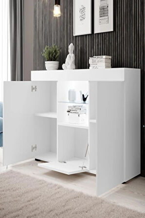 Konsol Led Aydınlatmalı Şık Büfe Katlanabilir Cam Raflı Modern Ve Zarif Konsol Siyah Mat Elegant