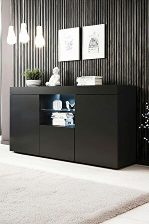 Konsol Led Aydınlatmalı Şık Büfe Katlanabilir Cam Raflı Modern Ve Zarif Konsol Siyah Mat Elegant