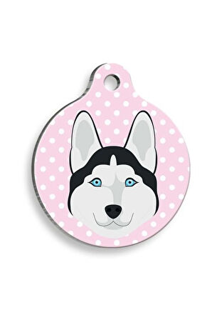 Puantiyeli Pembe Husky Yuvarlak Köpek Künyesi Medium: 3 cm.