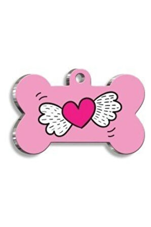 Uçan Kalp Pembe Kedi Köpek Künyesi Small: 2,1 x 3,1 cm.