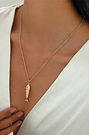 Altın Renk Oynar Balık Figürlü Çelik Kolye