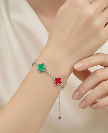 Çelik Gümüş Renk Renkli Yonca Model Kadın Bileklik