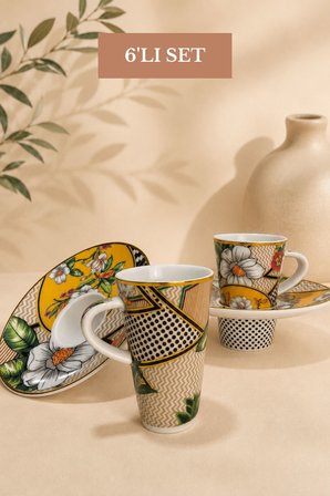 Türk Kahvesi Fincan Takımı İçe Geçmeli Vintage Floral 6 Kişilik 12 Parça Fincan Ve Tabak