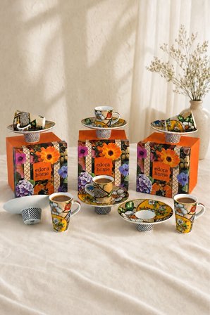 Türk Kahvesi Fincan Takımı İçe Geçmeli Vintage Floral 6 Kişilik 12 Parça Fincan Ve Tabak