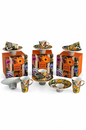 Türk Kahvesi Fincan Takımı İçe Geçmeli Vintage Floral 6 Kişilik 12 Parça Fincan Ve Tabak