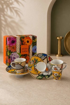 Türk Kahvesi Fincan Takımı İçe Geçmeli Vintage Floral 6 Kişilik 12 Parça Fincan Ve Tabak