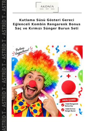 Kutlama Süsü Gösteri Gereci Eğlenceli Kombin Rengarenk Bonus Saç ve Kırmızı Sünger Burun Seti