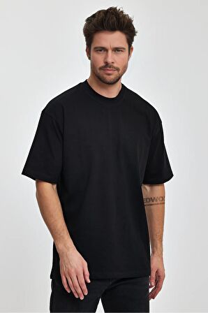 Erkek Oversize %100 Pamuk Nefes Alan Basic T-shirt Siyah Edw038
