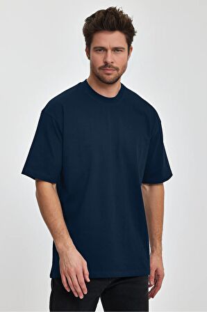 Erkek Oversize %100 Pamuk Nefes Alan Basic T-shirt Lacivert Edw038