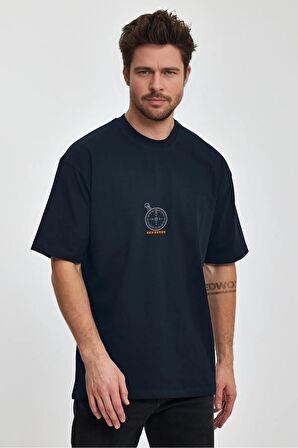 Erkek Oversize %100 Pamuk Pusula Baskılı T-shirt Lacivert Edw040