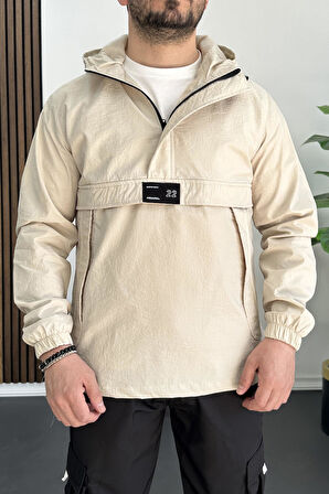Erkek Slim Fit Krinkıl Kumaş Kanguru Cepli Yarım Fermuarlı Mevsimlik Mont Krem Edw077