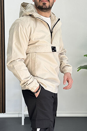 Erkek Slim Fit Krinkıl Kumaş Kanguru Cepli Yarım Fermuarlı Mevsimlik Mont Krem Edw077