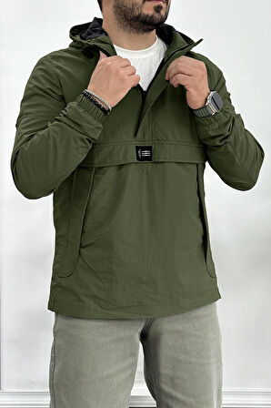 Erkek Slim Fit Krinkıl Kumaş Kanguru Cepli Yarım Fermuarlı Mevsimlik Mont Haki Edw077