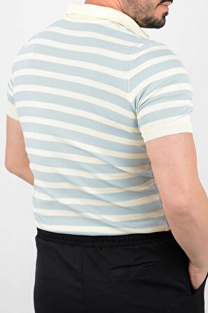 Erkek Slim Fit Çizgili Yakalı Triko Tişört Mavi Edw080