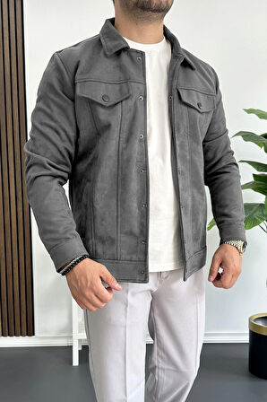 Erkek Slim Fit Cepli Nubuk Ceket Füme Edw081