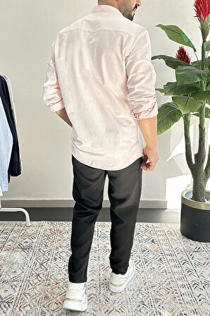 Erkek Slim Fit Keten Görünümlü Pamuklu Gömlek Pembe Edw087