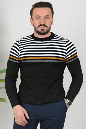 Erkek Çizgili Bisiklet Yaka Slim Fit Triko Kazak Siyah Edw019