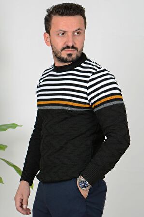 Erkek Çizgili Bisiklet Yaka Slim Fit Triko Kazak Siyah Edw019