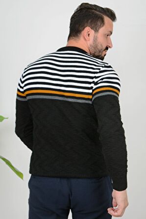 Erkek Çizgili Bisiklet Yaka Slim Fit Triko Kazak Siyah Edw019