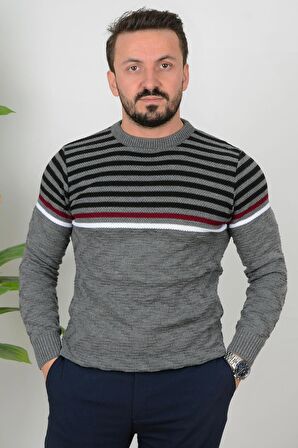 Erkek Çizgili Bisiklet Yaka Slim Fit Triko Kazak Gri Edw019