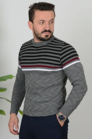 Erkek Çizgili Bisiklet Yaka Slim Fit Triko Kazak Gri Edw019