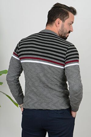 Erkek Çizgili Bisiklet Yaka Slim Fit Triko Kazak Gri Edw019