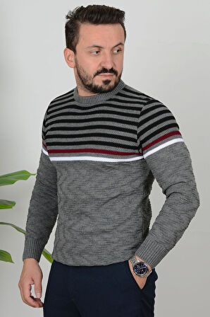 Erkek Çizgili Bisiklet Yaka Slim Fit Triko Kazak Gri Edw019