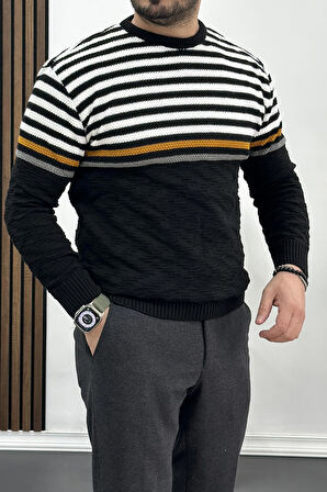 Erkek Çizgili Bisiklet Yaka Slim Fit Triko Kazak Siyah Edw019